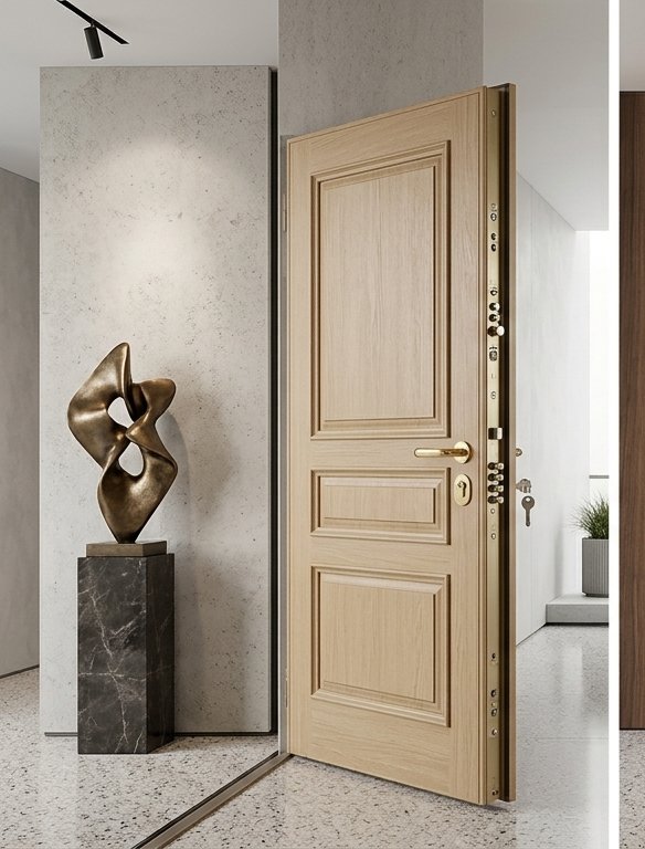 Porte blindée Tenola gamme Premium BP3 ouverte finition chêne doré - pênes et serrure multipoints visibles